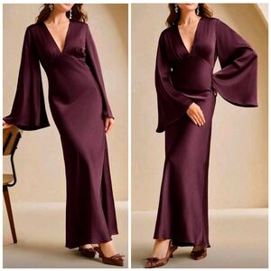 New Flowy Satin High Waist Flare Long Sleeve Maxi Dress Sangria Wine Purple Red
